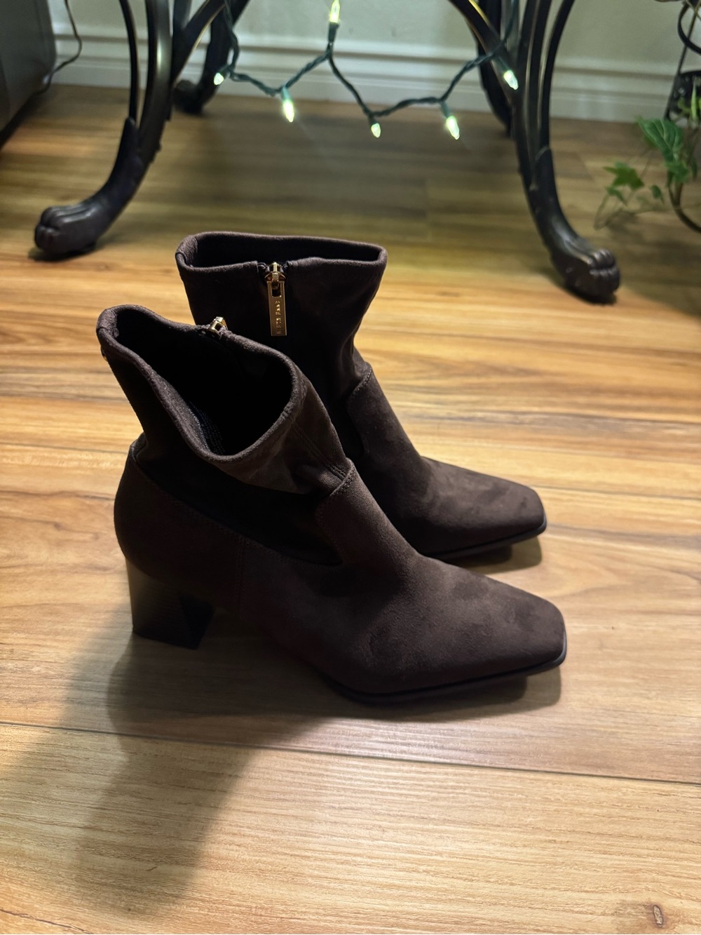 Anne Klein Dark Brown Faux Suede Ankle Booties with Block Heel